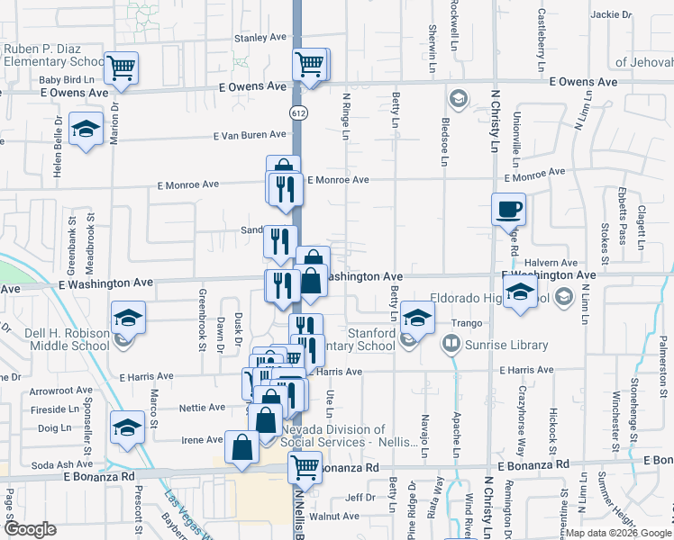map of restaurants, bars, coffee shops, grocery stores, and more near 5302 East Washington Avenue in Las Vegas