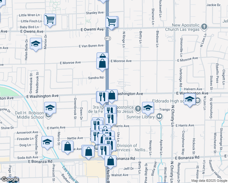 map of restaurants, bars, coffee shops, grocery stores, and more near 1204 North Nellis Boulevard in Las Vegas