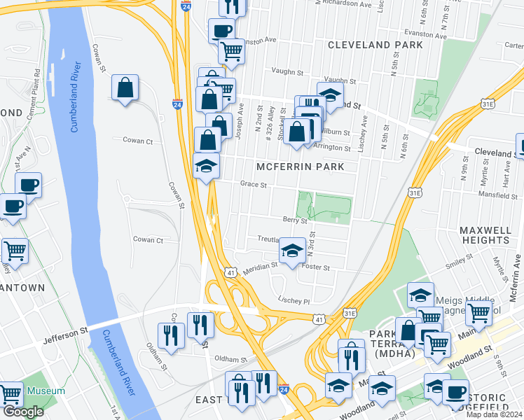 map of restaurants, bars, coffee shops, grocery stores, and more near 209 Berry Street in Nashville