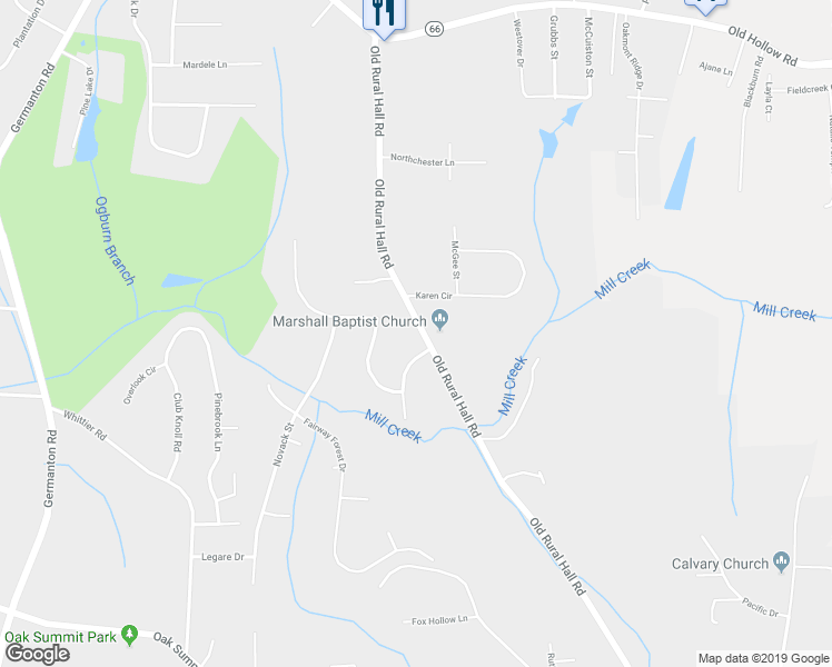 map of restaurants, bars, coffee shops, grocery stores, and more near 5744 Old Rural Hall Road in Winston-Salem