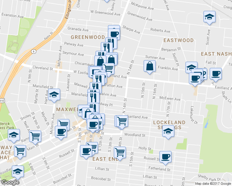 map of restaurants, bars, coffee shops, grocery stores, and more near 1205 Calvin Ave in Nashville