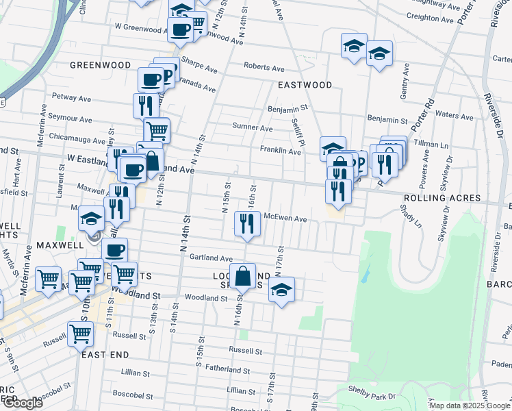 map of restaurants, bars, coffee shops, grocery stores, and more near 1607 McEwen Avenue in Nashville