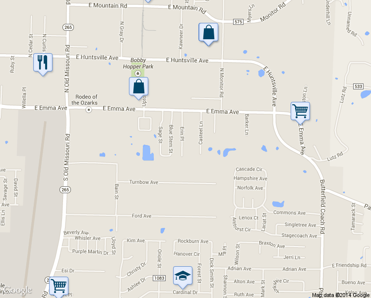 map of restaurants, bars, coffee shops, grocery stores, and more near 317 Erin Place in Springdale