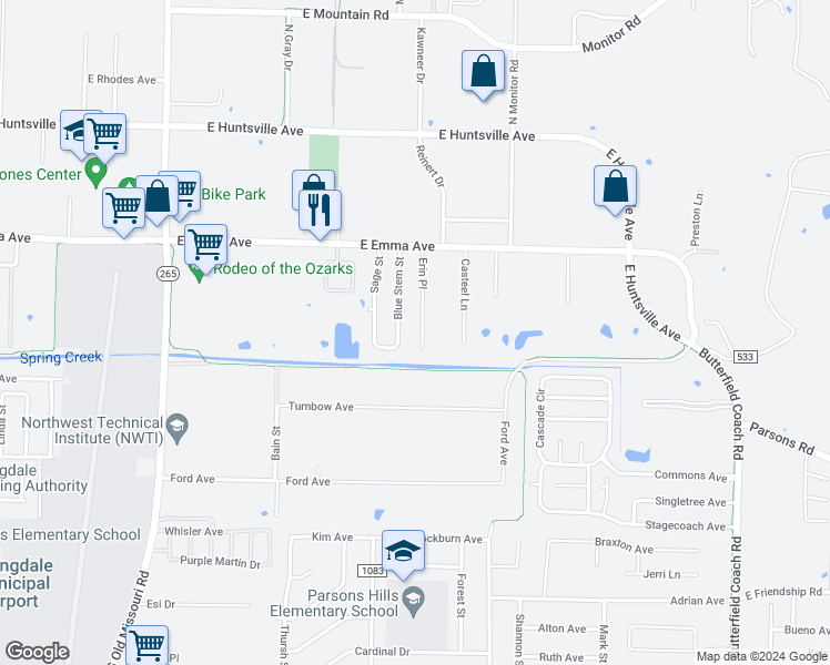 map of restaurants, bars, coffee shops, grocery stores, and more near 349 Blue Stem Street in Springdale