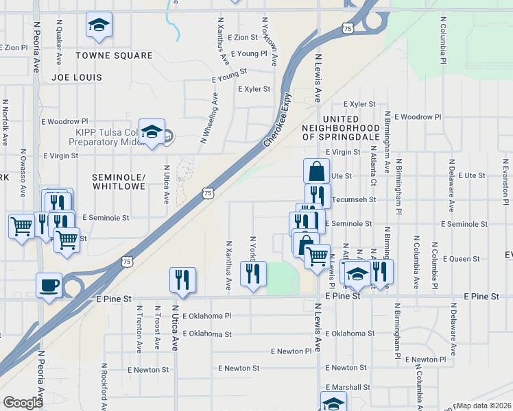 map of restaurants, bars, coffee shops, grocery stores, and more near 1812 North Yorktown Avenue in Tulsa