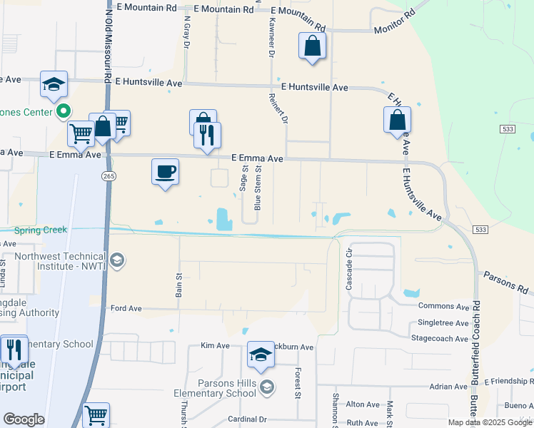 map of restaurants, bars, coffee shops, grocery stores, and more near 349 Blue Stem Street in Springdale