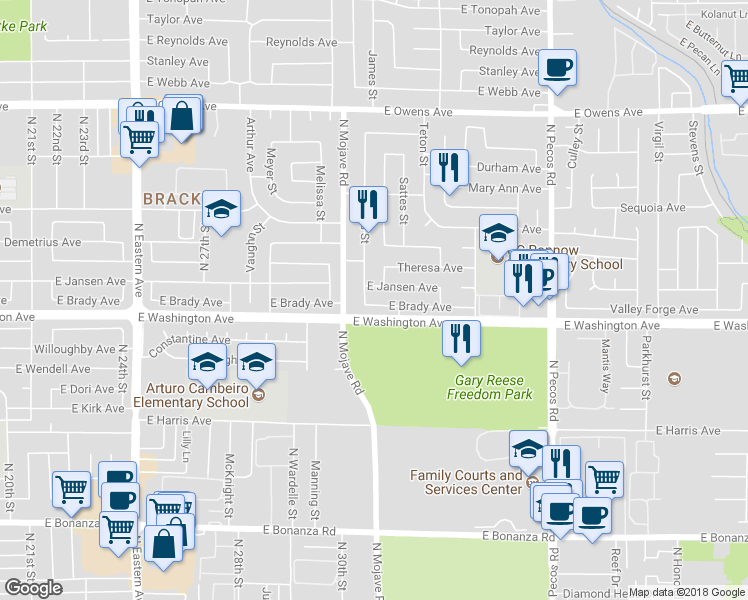 map of restaurants, bars, coffee shops, grocery stores, and more near 3021 Brady Avenue in Las Vegas