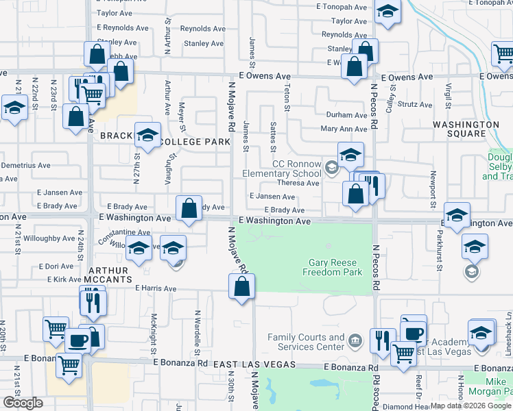 map of restaurants, bars, coffee shops, grocery stores, and more near 3029 East Brady Avenue in Las Vegas