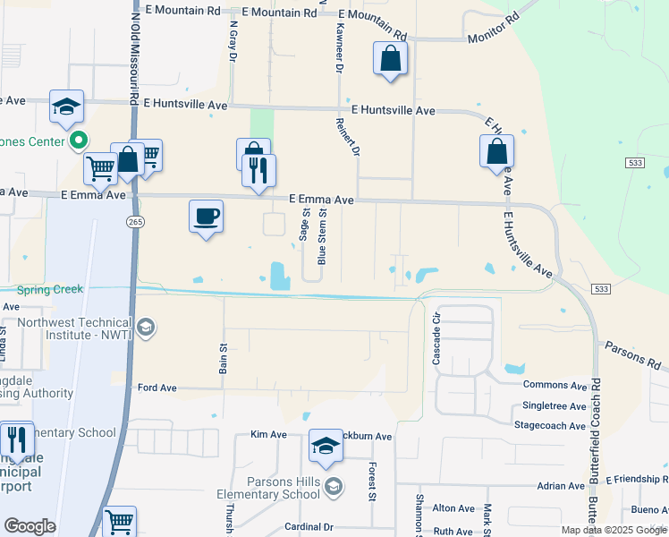 map of restaurants, bars, coffee shops, grocery stores, and more near 316 Erin Place in Springdale