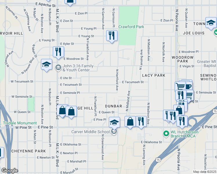 map of restaurants, bars, coffee shops, grocery stores, and more near 552 East Tecumseh Street in Tulsa