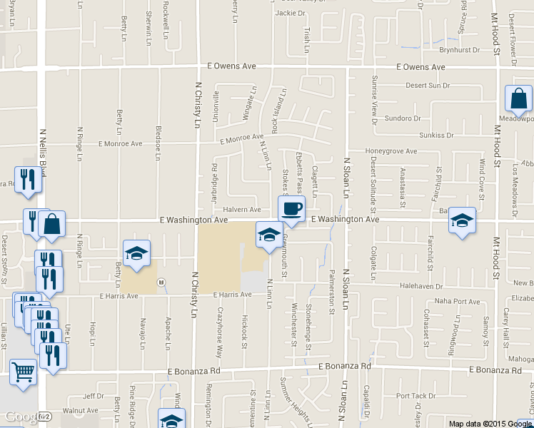 map of restaurants, bars, coffee shops, grocery stores, and more near 5697 Halvern Avenue in Las Vegas