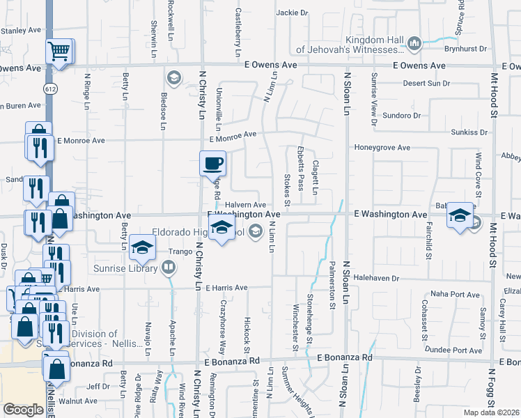 map of restaurants, bars, coffee shops, grocery stores, and more near 5683 Halvern Avenue in Las Vegas