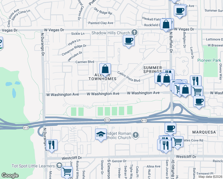 map of restaurants, bars, coffee shops, grocery stores, and more near 905 Sulphur Springs Lane in Las Vegas