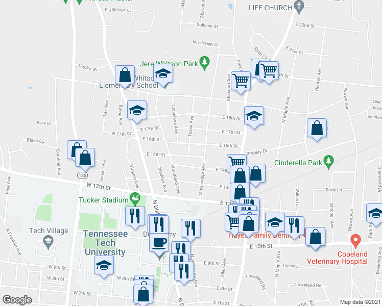 map of restaurants, bars, coffee shops, grocery stores, and more near 232 East 15th Street in Cookeville