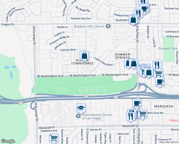 map of restaurants, bars, coffee shops, grocery stores, and more near 905 Sulphur Springs Lane in Las Vegas