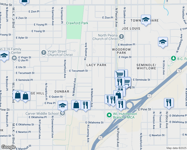 map of restaurants, bars, coffee shops, grocery stores, and more near 1835 North Madison Avenue in Tulsa