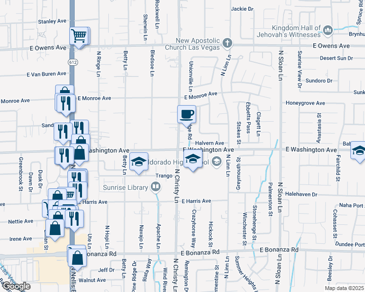 map of restaurants, bars, coffee shops, grocery stores, and more near 5495 East Washington Avenue in Las Vegas