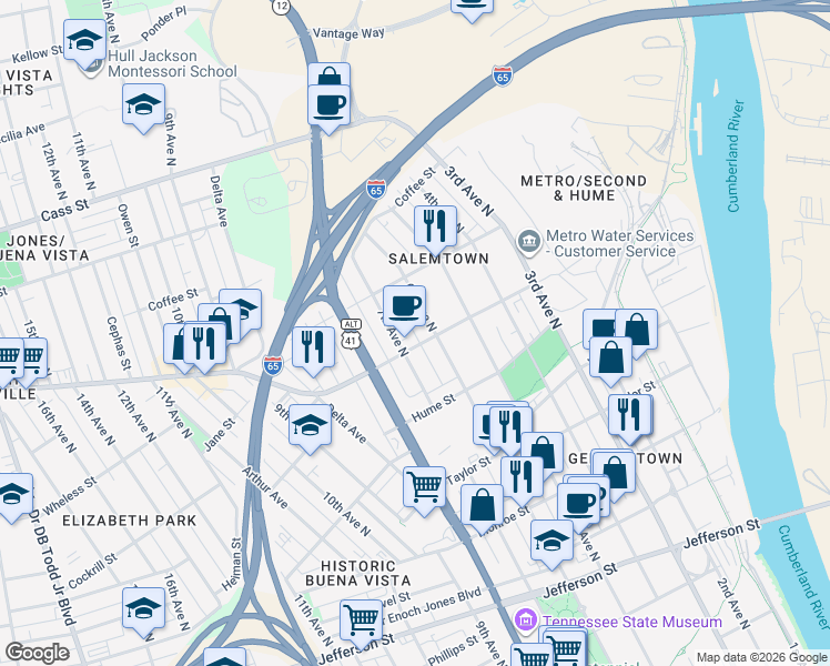 map of restaurants, bars, coffee shops, grocery stores, and more near 600 Garfield Street in Nashville