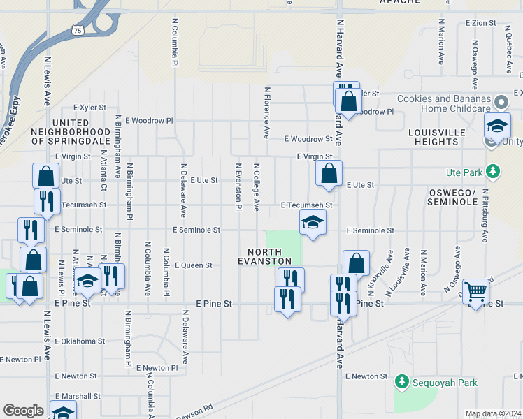 map of restaurants, bars, coffee shops, grocery stores, and more near 1831 North College Avenue in Tulsa
