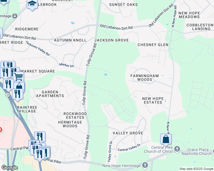 map of restaurants, bars, coffee shops, grocery stores, and more near 5106 Myra Drive in Nashville