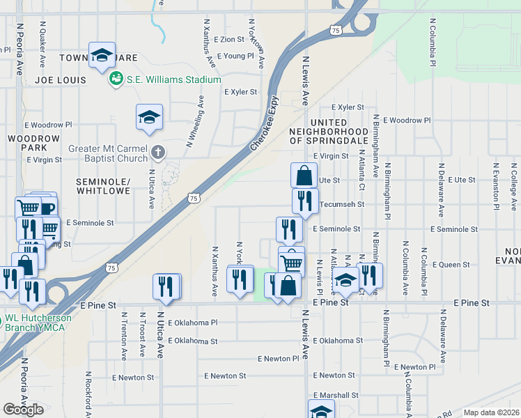 map of restaurants, bars, coffee shops, grocery stores, and more near 2130 East Tecumseh Street in Tulsa