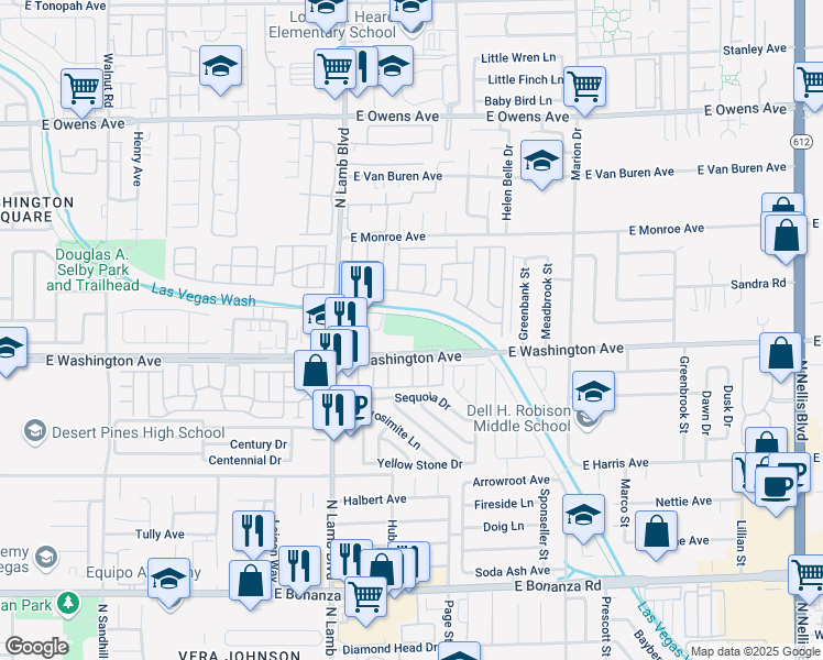 map of restaurants, bars, coffee shops, grocery stores, and more near 4480 East Washington Avenue in Las Vegas