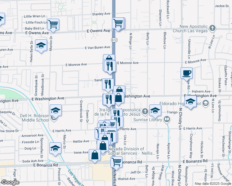 map of restaurants, bars, coffee shops, grocery stores, and more near 1204 North Nellis Boulevard in Las Vegas