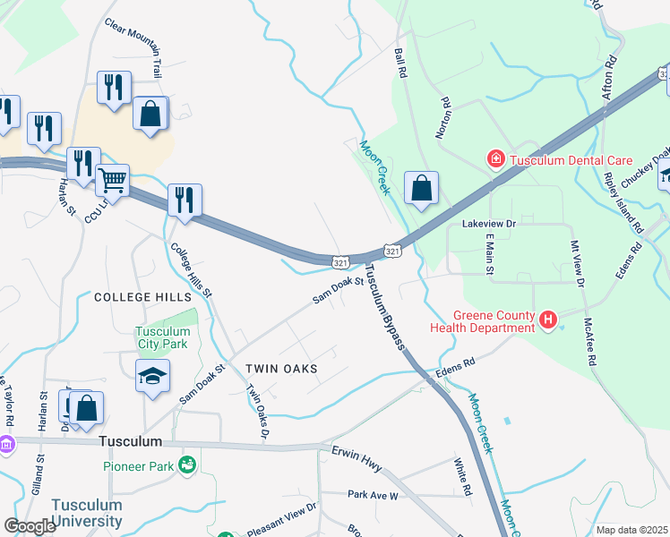 map of restaurants, bars, coffee shops, grocery stores, and more near East Andrew Johnson Highway in Greeneville