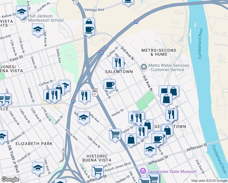 map of restaurants, bars, coffee shops, grocery stores, and more near 600 Garfield Street in Nashville