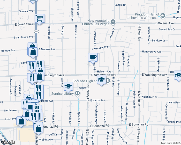 map of restaurants, bars, coffee shops, grocery stores, and more near 5495 East Washington Avenue in Las Vegas