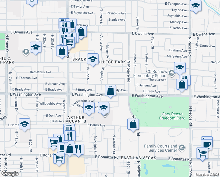 map of restaurants, bars, coffee shops, grocery stores, and more near 2904 East Brady Avenue in Las Vegas