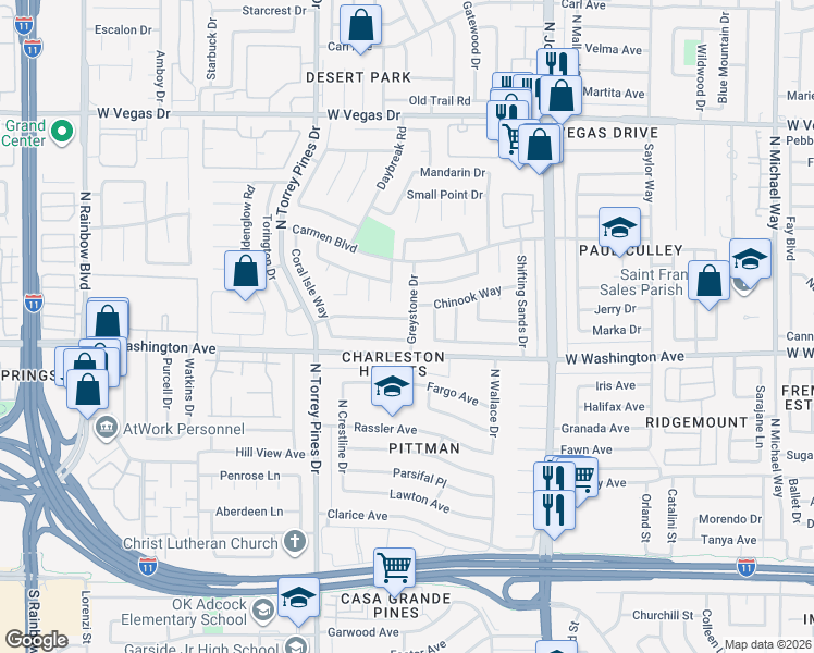 map of restaurants, bars, coffee shops, grocery stores, and more near 6312 Greyhawk Avenue in Las Vegas