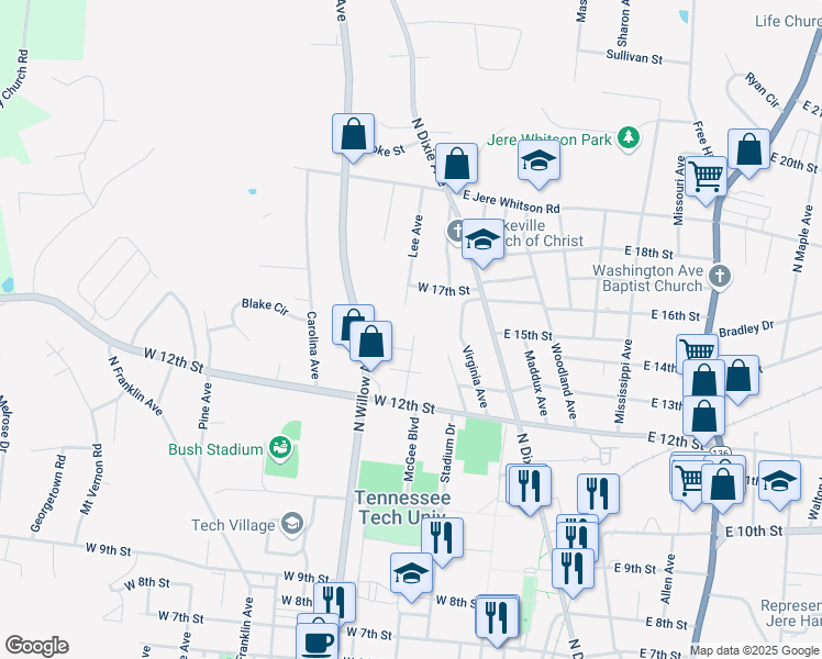 map of restaurants, bars, coffee shops, grocery stores, and more near 105 West 14th Street in Cookeville