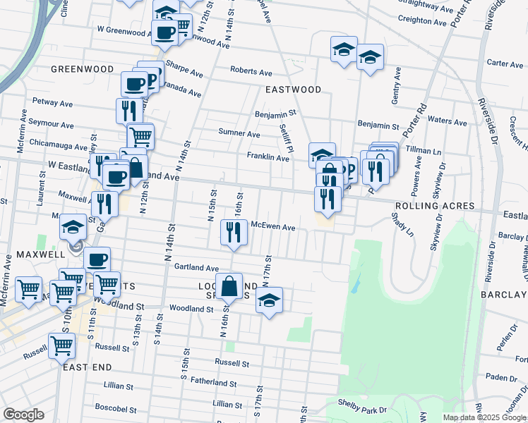 map of restaurants, bars, coffee shops, grocery stores, and more near 502 North 17th Street in Nashville