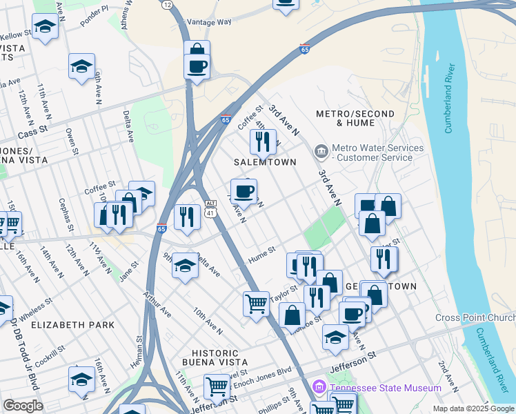 map of restaurants, bars, coffee shops, grocery stores, and more near 600 Garfield Street in Nashville