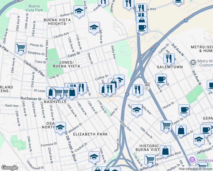 map of restaurants, bars, coffee shops, grocery stores, and more near 1816 10th Avenue North in Nashville