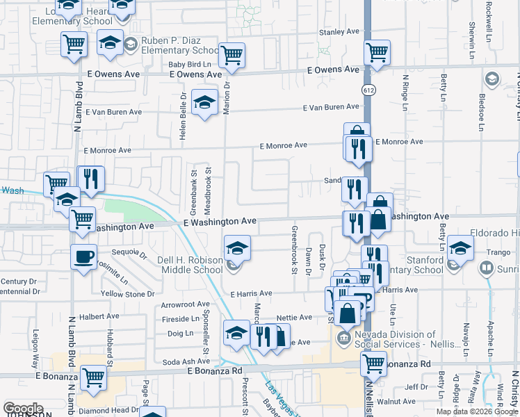 map of restaurants, bars, coffee shops, grocery stores, and more near 4801 Sunny Brook Avenue in Las Vegas
