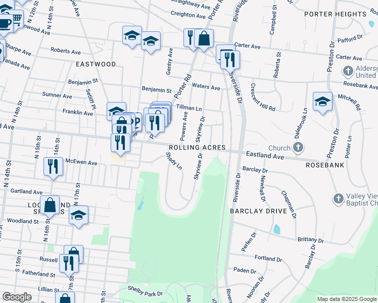 map of restaurants, bars, coffee shops, grocery stores, and more near 2110 Eastland Avenue in Nashville