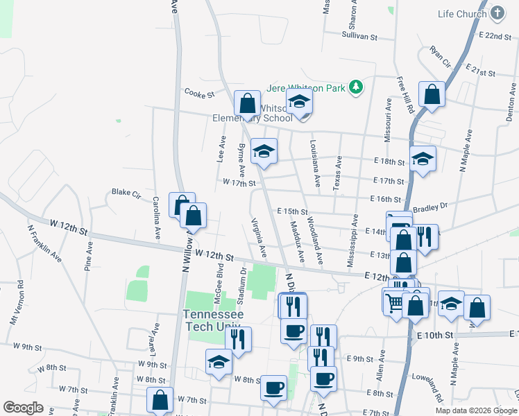 map of restaurants, bars, coffee shops, grocery stores, and more near 1354 North Dixie Avenue in Cookeville