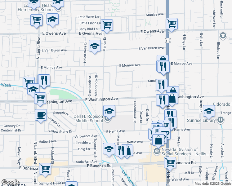map of restaurants, bars, coffee shops, grocery stores, and more near 4725 Sunny Brook Avenue in Las Vegas