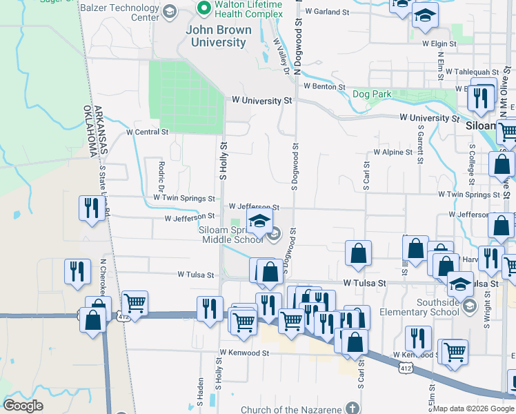 map of restaurants, bars, coffee shops, grocery stores, and more near 1500-1598 West Jefferson Street in Siloam Springs