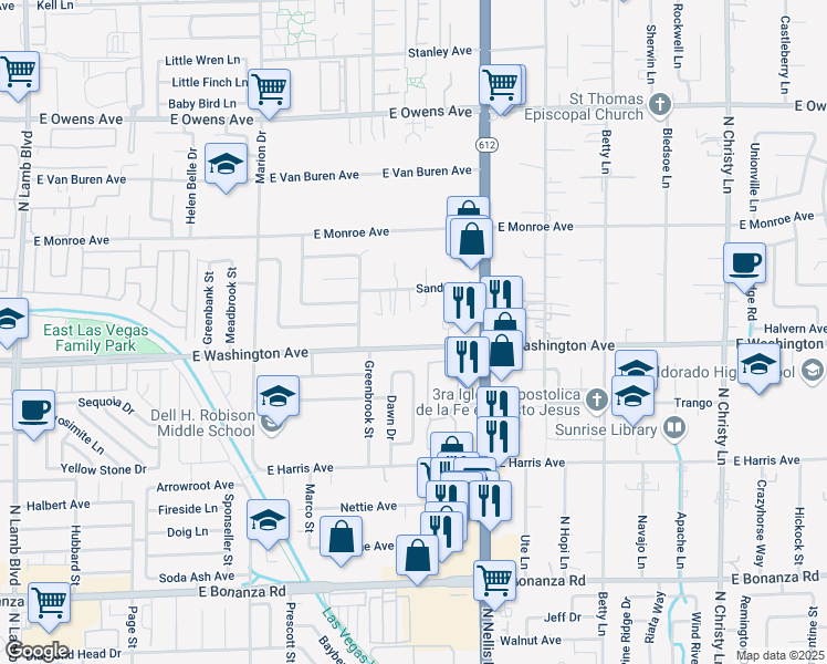 map of restaurants, bars, coffee shops, grocery stores, and more near 4932 East Washington Avenue in Las Vegas