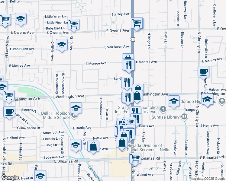 map of restaurants, bars, coffee shops, grocery stores, and more near 4932 East Washington Avenue in Las Vegas