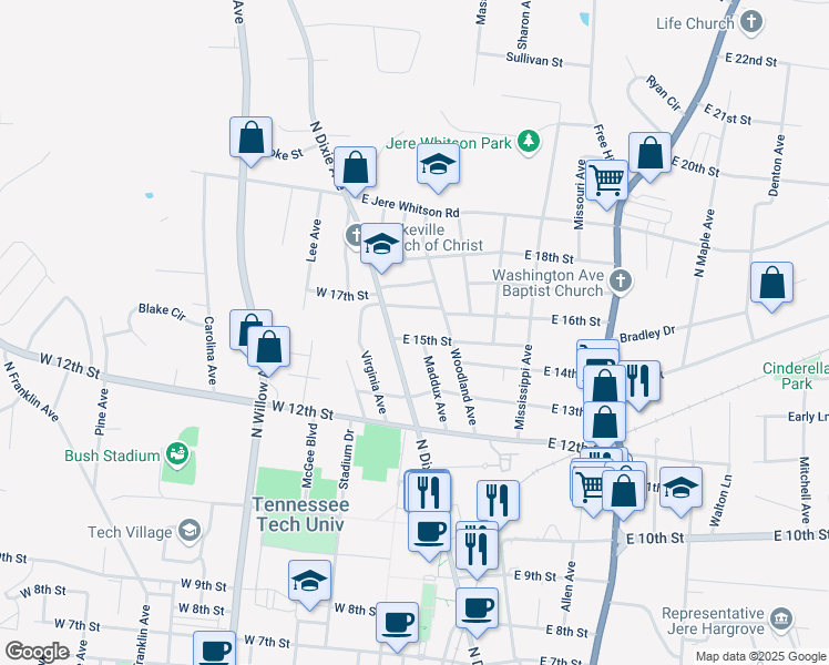 map of restaurants, bars, coffee shops, grocery stores, and more near 94 East 15th Street in Cookeville
