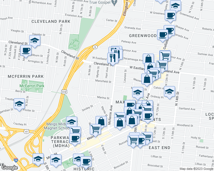 map of restaurants, bars, coffee shops, grocery stores, and more near 421 Hart Avenue in Nashville