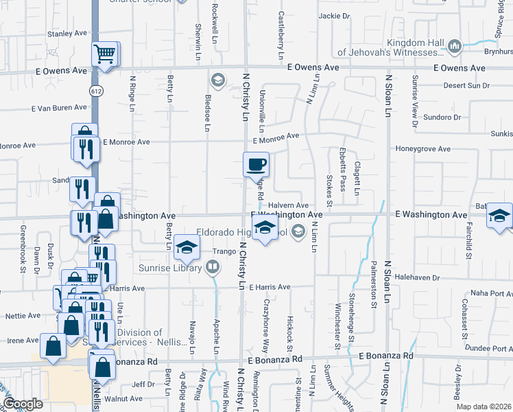 map of restaurants, bars, coffee shops, grocery stores, and more near 5547 Halvern Avenue in Las Vegas