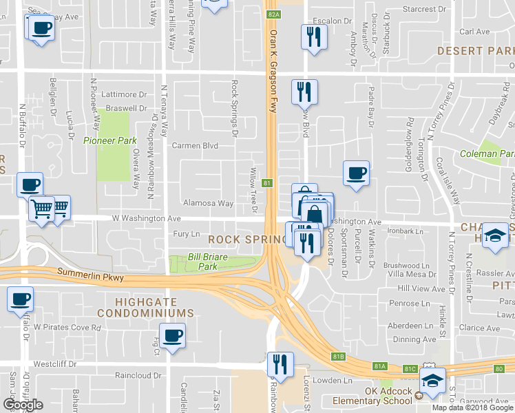 map of restaurants, bars, coffee shops, grocery stores, and more near 905 Willow Tree Drive in Las Vegas