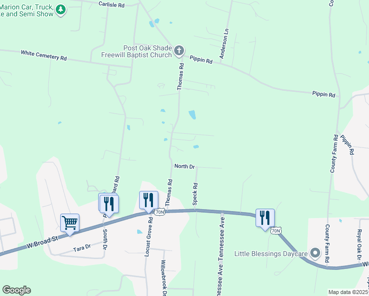 map of restaurants, bars, coffee shops, grocery stores, and more near 2100-2102 North Drive in Cookeville