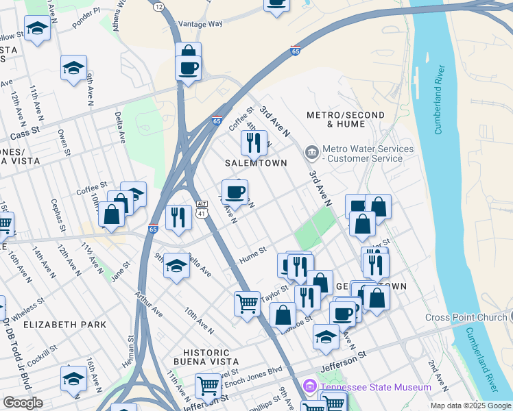 map of restaurants, bars, coffee shops, grocery stores, and more near 1624B 6th Avenue North in Nashville