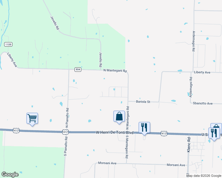 map of restaurants, bars, coffee shops, grocery stores, and more near 415 North Mantegani Road in Springdale
